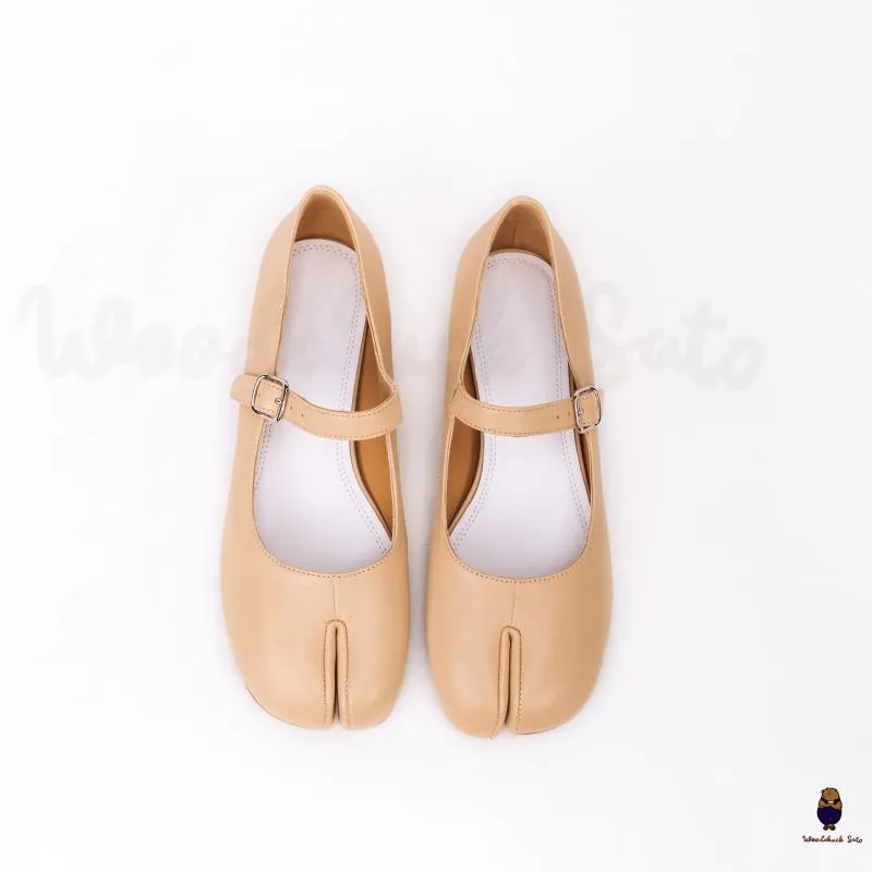 WoodChuckSato Women's Men's Beige Tabi Split-Toe Sheep Leather Mary Jane Shoes with 3cm Heel & Adjustable Strap Sizes EU 35-41