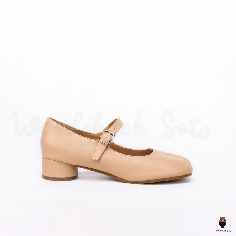 WoodChuckSato Women's Men's Beige Tabi Split-Toe Sheep Leather Mary Jane Shoes with 3cm Heel & Adjustable Strap Sizes EU 35-41